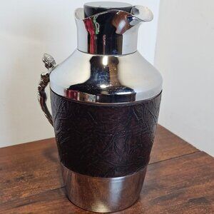 Vintage Metal and Leather Wrapped Thermos with Sculpted Handle